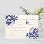 Elegant damast motief marineblauw, roze bruiloft kaart (Staand voorkant)
