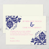 Elegant damast motief marineblauw, roze bruiloft kaart (Voorkant / Achterkant)