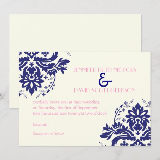 Elegant damast motief marineblauw, roze bruiloft kaart (Voorkant / Achterkant)