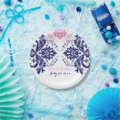 Elegant damast motief marineblauw, roze bruiloft papieren bordje (Feest)