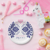 Elegant damast motief marineblauw, roze bruiloft papieren bordje (Feest)