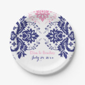 Elegant damast motief marineblauw, roze bruiloft papieren bordje (Voorkant)