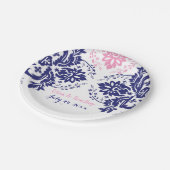 Elegant damast motief marineblauw, roze bruiloft papieren bordje (Gekanteld)