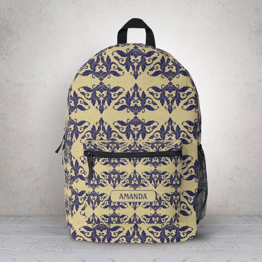Elegant damast navy Blauw geel monogram A Bedrukte Rugzak