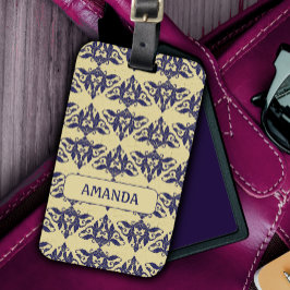 Elegant  damast navy Blauw geel monogram Bagagelabel