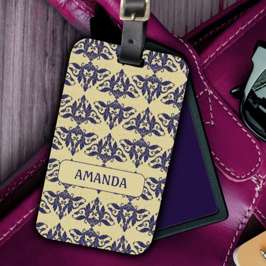 Elegant  damast navy Blauw geel monogram Bagagelabel