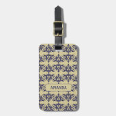 Elegant  damast navy Blauw geel monogram Bagagelabel (Voorkant verticaal)