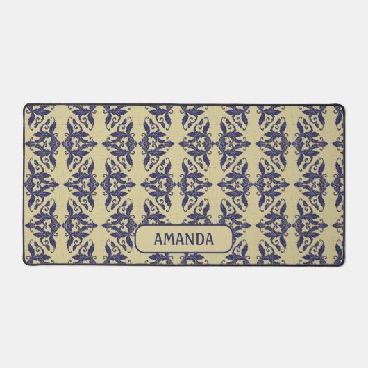 Elegant  damast navy Blauw geel monogram Bureaumat (Voorkant)