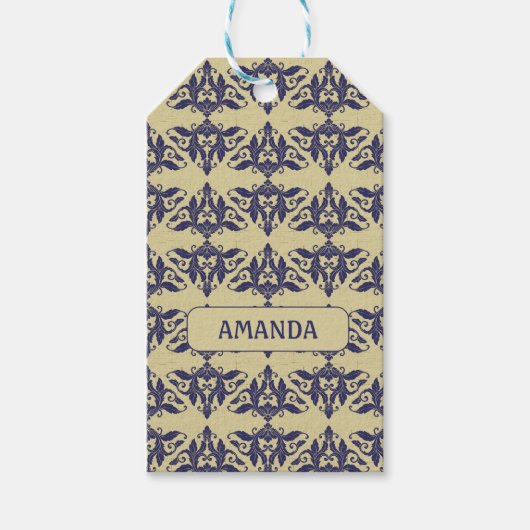 Elegant  damast navy Blauw geel monogram Cadeaulabel (Voorkant)