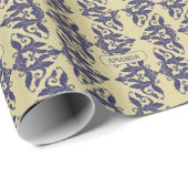 Elegant  damast navy Blauw geel monogram Cadeaupapier (Rol Hoek)