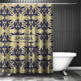 Elegant  damast navy Blauw geel monogram Douchegordijn