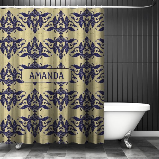 Elegant  damast navy Blauw geel monogram Douchegordijn