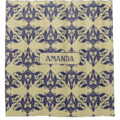 Elegant  damast navy Blauw geel monogram Douchegordijn (Voorkant)
