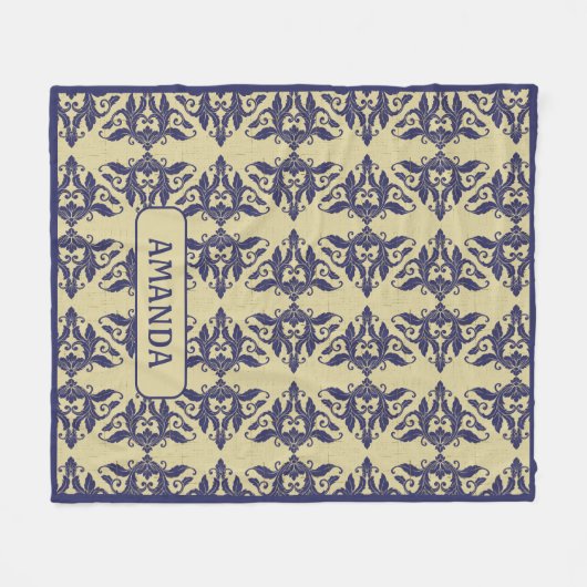 Elegant  damast navy Blauw geel monogram Fleece Deken (Voorkant (Horizontaal))