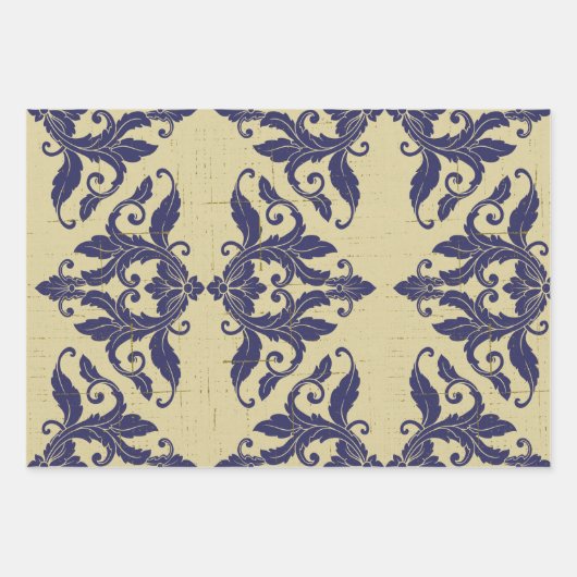 Elegant  damast navy Blauw geel monogram Inpakpapier Vel (Voorkant 2)