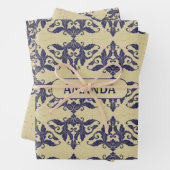 Elegant  damast navy Blauw geel monogram Inpakpapier Vel (In situ)