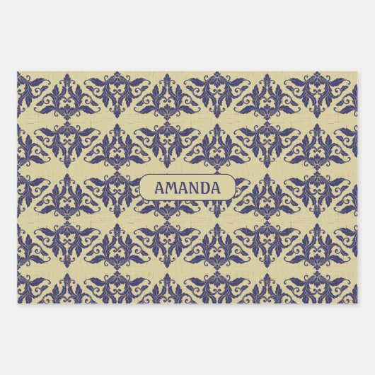 Elegant  damast navy Blauw geel monogram Inpakpapier Vel (Voorkant)