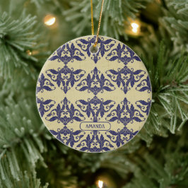 Elegant  damast navy Blauw geel monogram Keramisch Ornament
