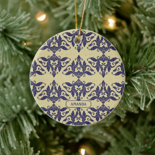 Elegant  damast navy Blauw geel monogram Keramisch Ornament (Boom)