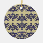 Elegant  damast navy Blauw geel monogram Keramisch Ornament (Voorkant)