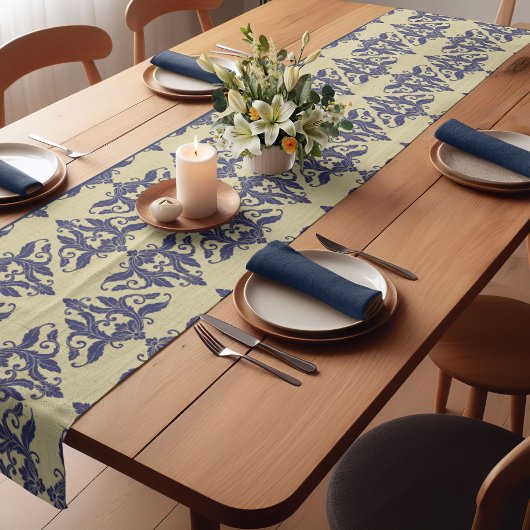 Elegant damast navy Blauw geel monogram Korte Tafelloper