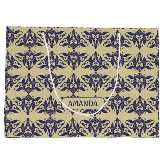 Elegant  damast navy Blauw geel monogram M Groot Cadeauzakje (Achterkant)