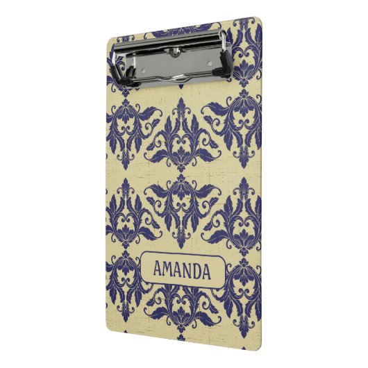 Elegant  damast navy Blauw geel monogram Mini Klembord (Angled2)