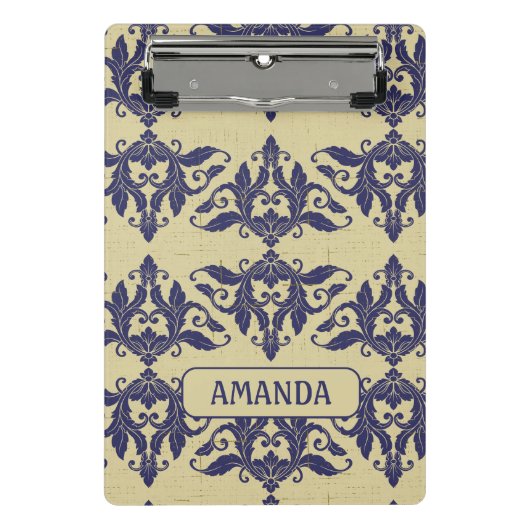 Elegant  damast navy Blauw geel monogram Mini Klembord (Voorkant)