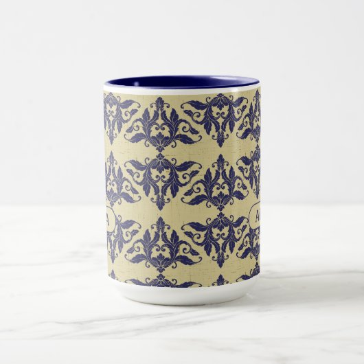 Elegant damast navy Blauw geel monogram Mok (Midden)