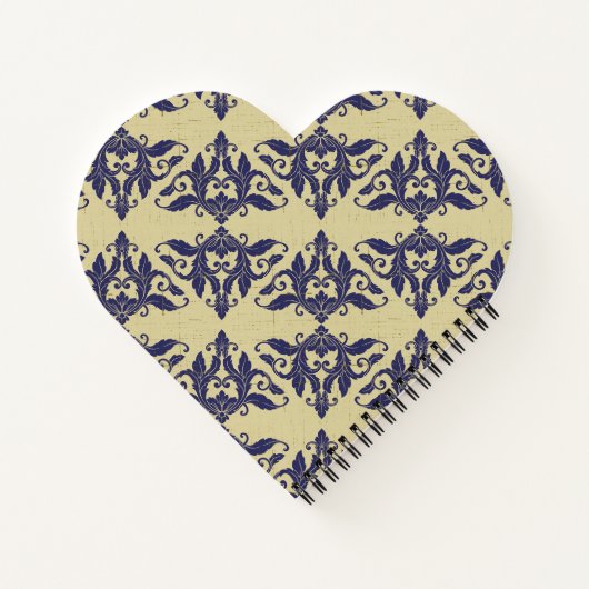 Elegant damast navy Blauw geel monogram Notitieboek (Achterkant)