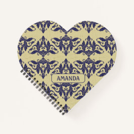 Elegant  damast navy Blauw geel monogram Notitieboek