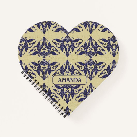 Elegant  damast navy Blauw geel monogram Notitieboek (Voorkant)