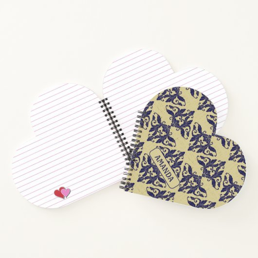 Elegant  damast navy Blauw geel monogram Notitieboek (Binnen)