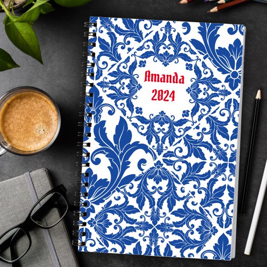Elegant damast navy Blauw geel monogram Planner