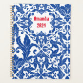 Elegant damast navy Blauw geel monogram Planner (Voorkant)