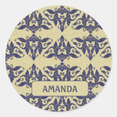 Elegant  damast navy Blauw geel monogram Ronde Sticker (Voorkant)
