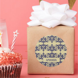 Elegant  damast navy Blauw geel monogram Ronde Sticker