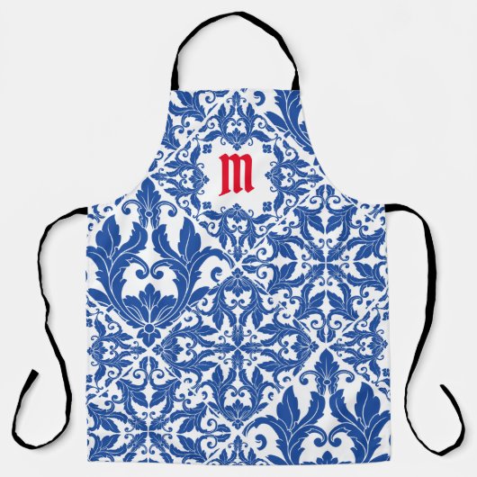 Elegant  damast navy Blauw geel monogram Schort (Voorkant)