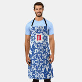 Elegant  damast navy Blauw geel monogram Schort (Gedragen)