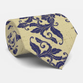Elegant damast navy Blauw geel monogram Stropdas (Opgerold)