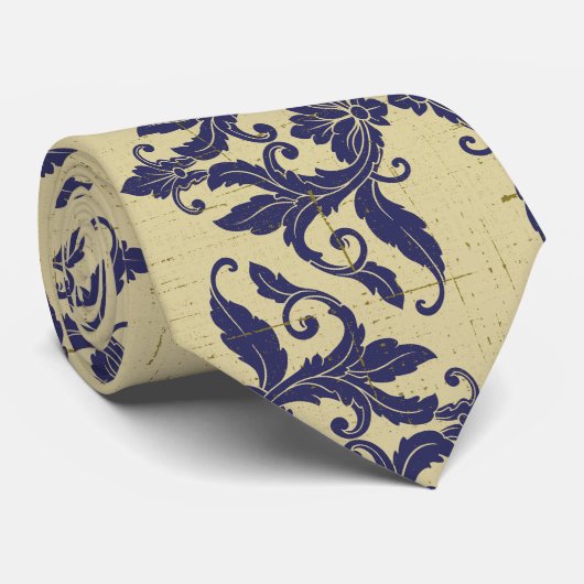 Elegant  damast navy Blauw geel monogram Stropdas (Opgerold)