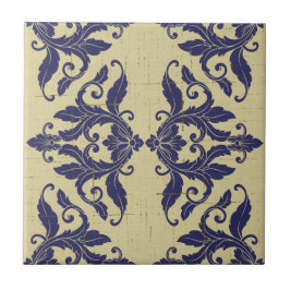 Elegant damast navy Blauw geel monogram Tegeltje