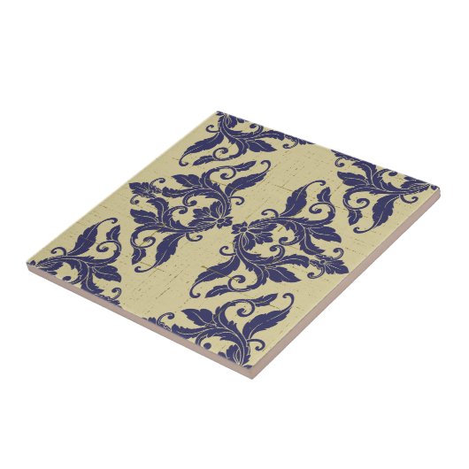 Elegant  damast navy Blauw geel monogram Tegeltje (Zijkant)