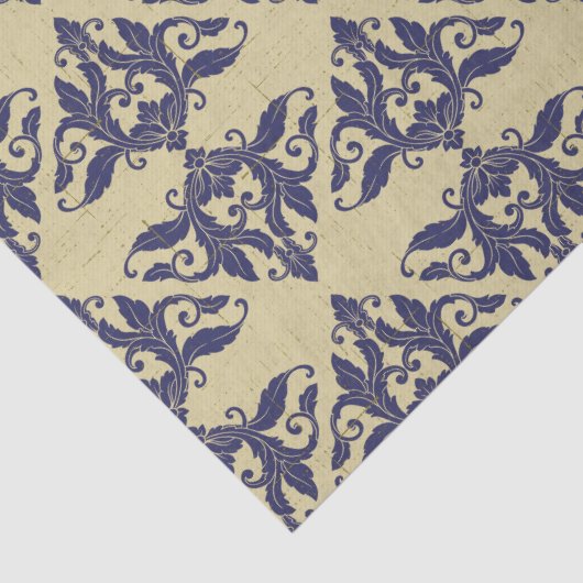 Elegant damast navy Blauw geel monogram Tissuepapier (Detail)