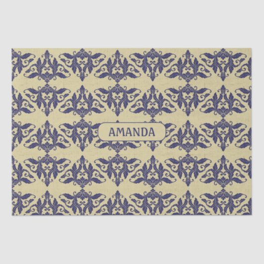 Elegant  damast navy Blauw geel monogram Tissuepapier (Voorkant)
