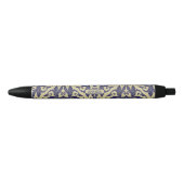 Elegant damast navy Blauw geel monogram Zwarte Inkt Pen (Voorkant)