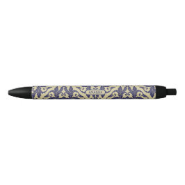 Elegant  damast navy Blauw geel monogram Zwarte Inkt Pen
