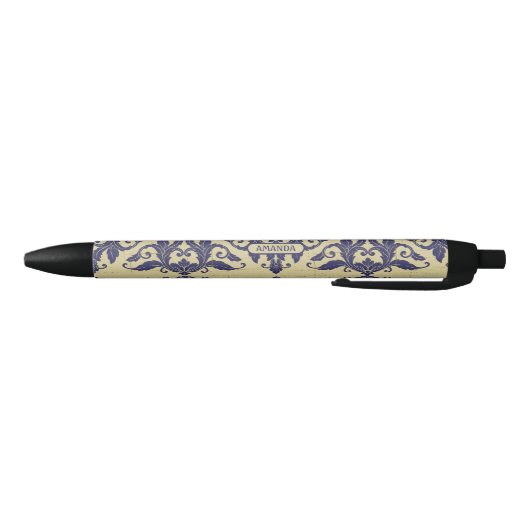 Elegant  damast navy Blauw geel monogram Zwarte Inkt Pen (Bodem)