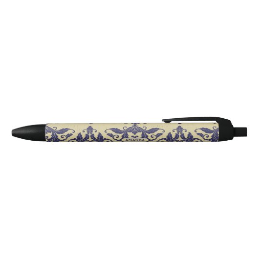 Elegant damast navy Blauw geel monogram Zwarte Inkt Pen (Bovenkant)