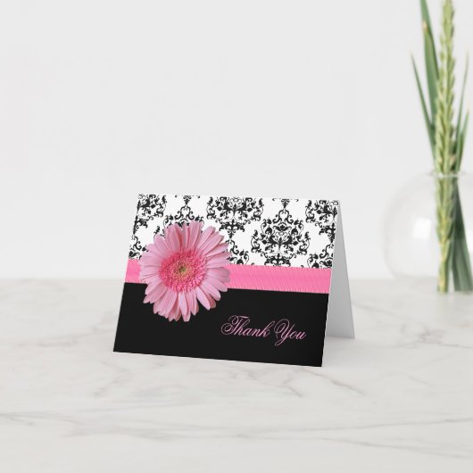 Elegant Damast & Roze Gerber Daisy Thank You Card Bedankkaart (Voorkant)